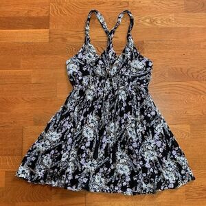 Free People Dress Womens Medium Mini Babydoll Floral Flare Flowy Smocked Boho